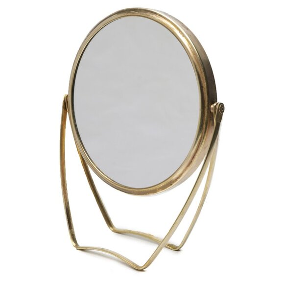 Vintage Brass Swivel Round Makeup Mirror Magnify Gold Table Top Vanity Metal - Picture 1 of 10